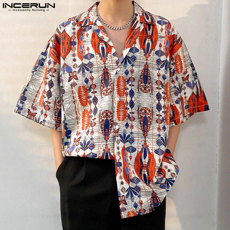 INCERUN Tops 2024 Korean Style Fashion Men\'s Ethnic Printing Pattern Shirts Summer Streetwear Hot Sale Half Sleeved Blouse S-5XL