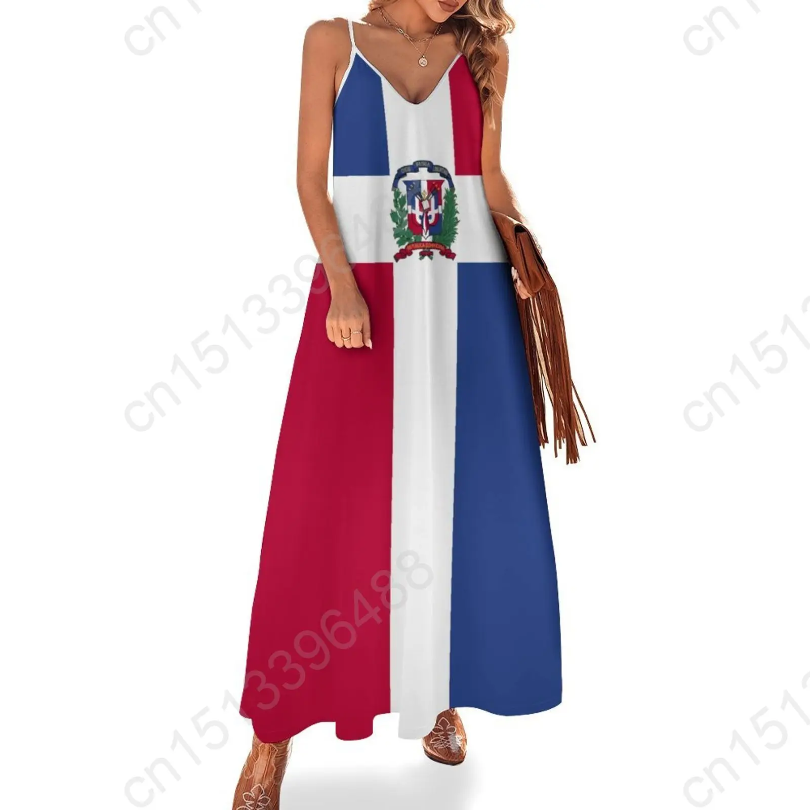 

Dominican Republic Flag Print New Casual Sleeveless Long Dress Women's V-Neck Printed Dress Swing Retro Dresses