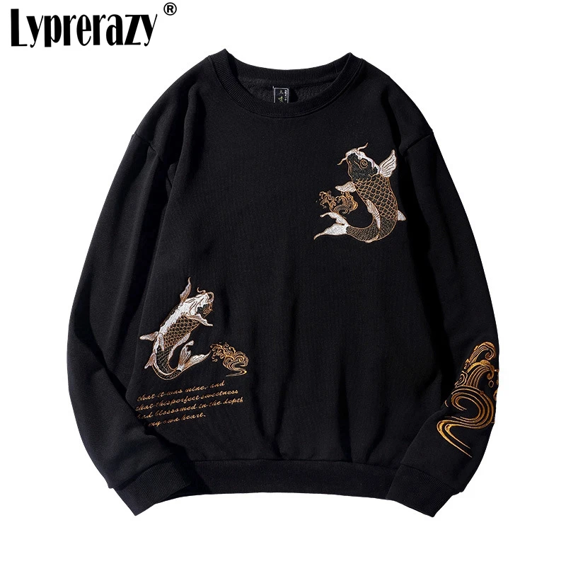 

Lyprerazy Men Carp Embroidery Hoodie Sweatshirt Hoody Autumn Winter Black Round Neck Cotton Mens Women Sweatshirt