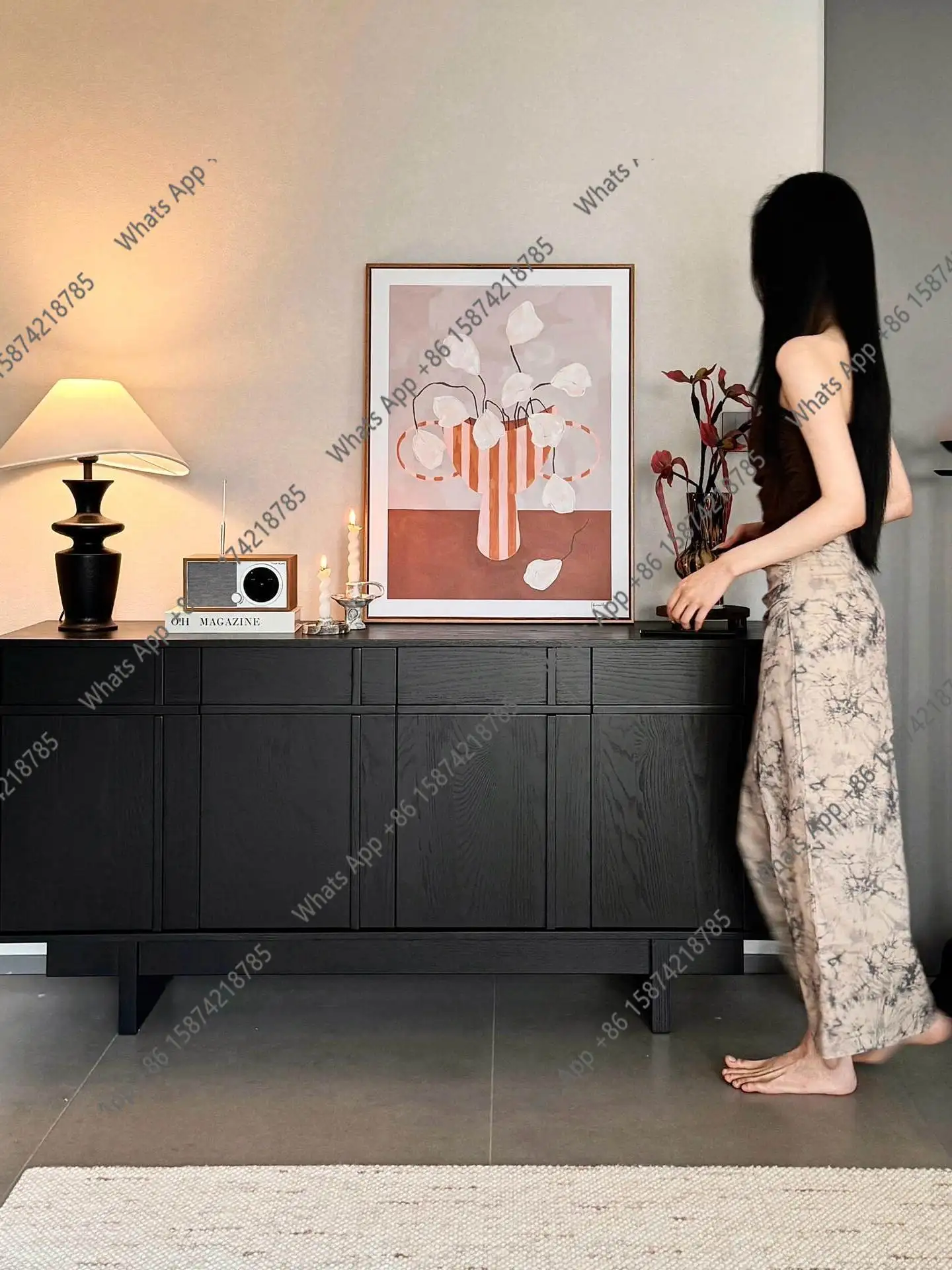 

Medieval style dining side cabinet, black solid wood, high-end living room, home storage against the wall, entrance cabinet