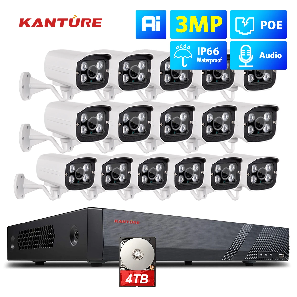 KANTURE 16CH CCTV NVR System 3MP Ai Human Detected POE Security Camera Audio Waterproof Outdoor CCTV Video Surveillance Kit