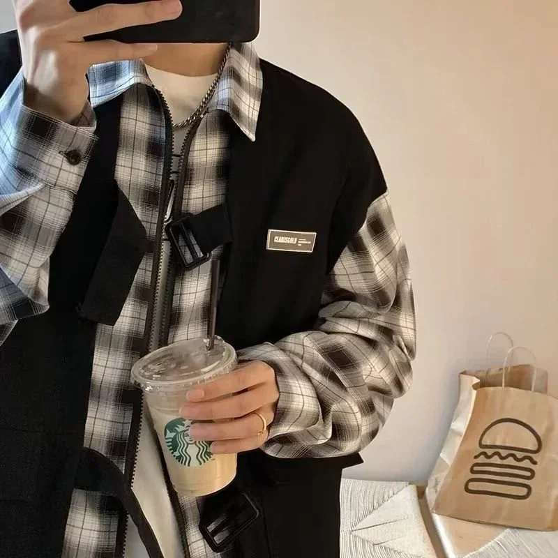 

Осенние поддельные двухсекционные клетчатые рубашки-карго на молнии для мужчин, японская уличная одежда Y2K, модная социальная рубашка, мешковатая блузка с длинным рукавом