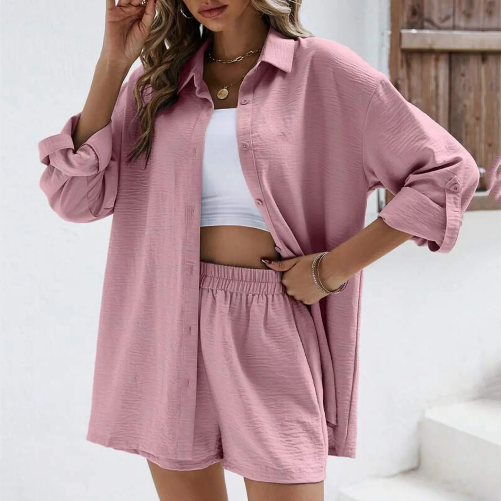 2024 New Women Casual Long Sleeve Shirt Tops And High Waist Shirts Shorts Two Piece Sets Solid Shorts Suit Fashion Outfits Stree