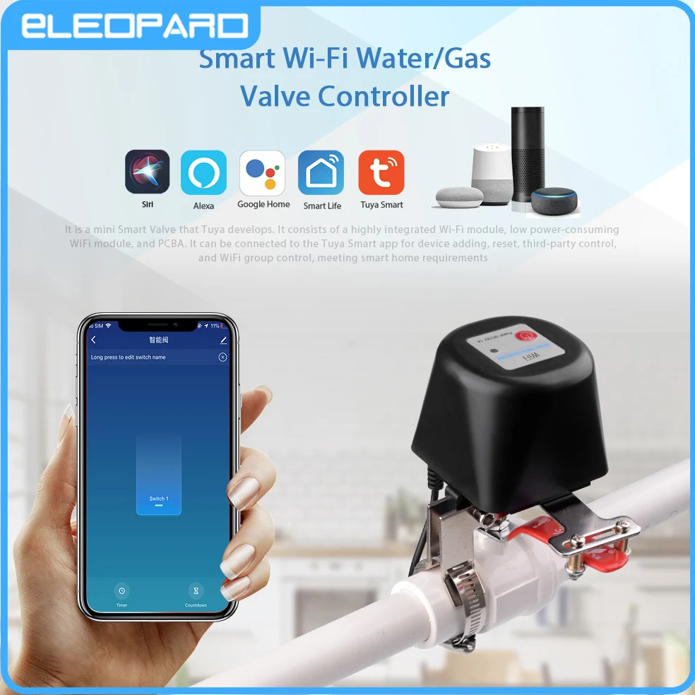 Eleopard Tuya Alexa Google Assistant Smart Wireless Control Gas Water Valve Smart Life WiFi Shut OFF Controller