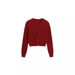 2024 New Early Autumn Women's Red Thin Sweater Cardigan Jacket, Small Slim Fit Short Knit Top