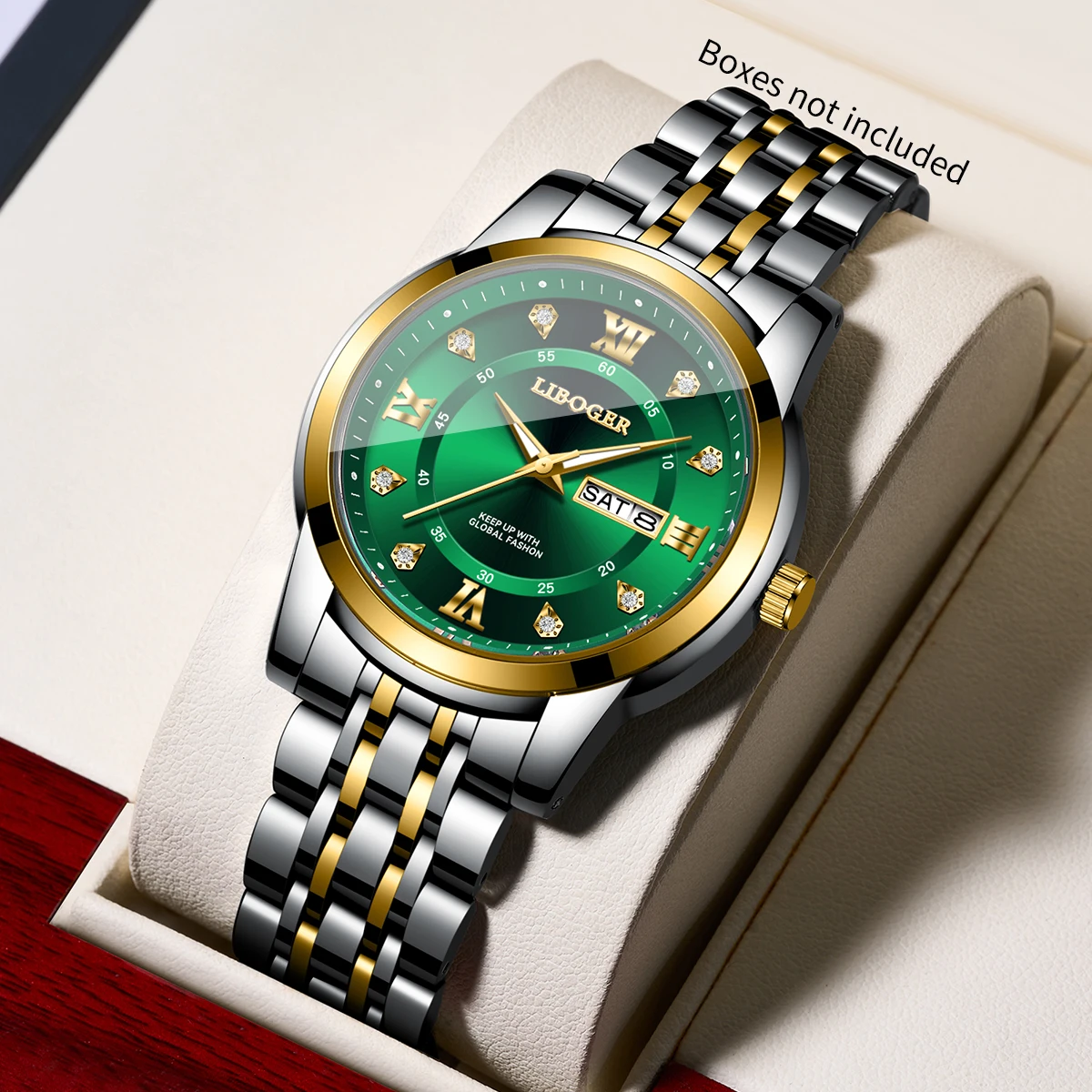 Luxury Green Diamond Dial Men Quartz Watch Stainless Steel Strap Date Display Business Wristwatch Relogio Masculino（Without Box）