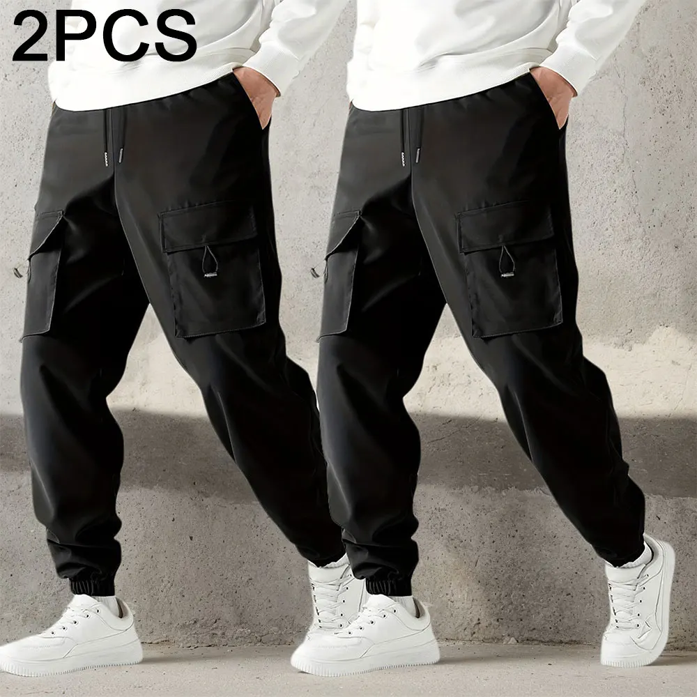 2-Piece Cargo Pants Men Y2K Casual Multi-pocket Drawstring Pants Hiking Workout Sportwear Punk Style Male Quick Dry Trousers