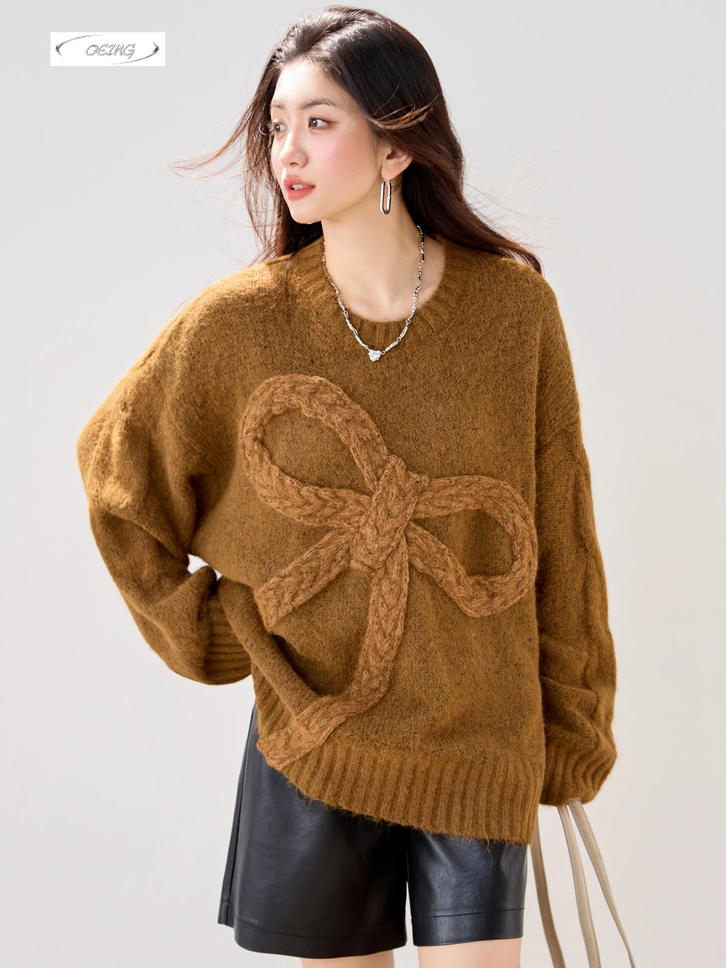 

Свободный коричневый свитер с длинными рукавами и бантом для женщин, осень-зима, модный толстый теплый вязаный пуловер в корейском стиле, джемпер 6098