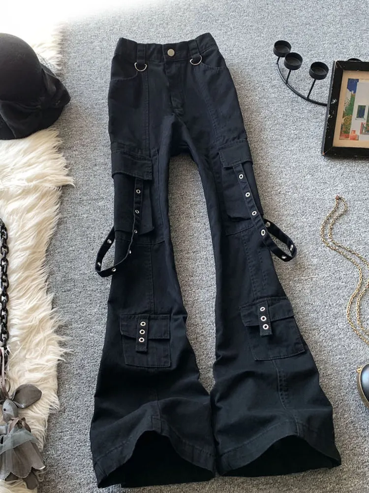 Calças de Trabalho Pretas Americanas Estilo High Street com Múltiplos Bolsos e Cinto, Jeans Slim Reto com Micro Flare para Ho...