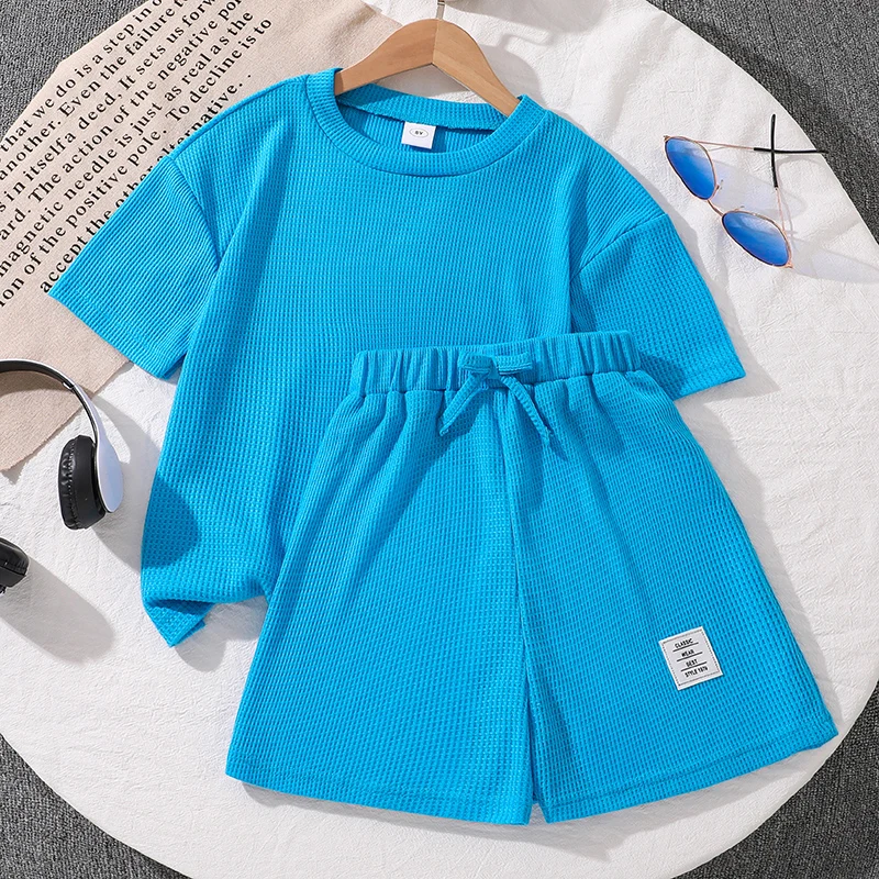 

Повседневный комплект из 2 предметов для девочек 8-12 лет: топ из вафельного трикотажа и шорты с эластичным поясом, мягкая дышащая ткань для летнего образа на каждый день