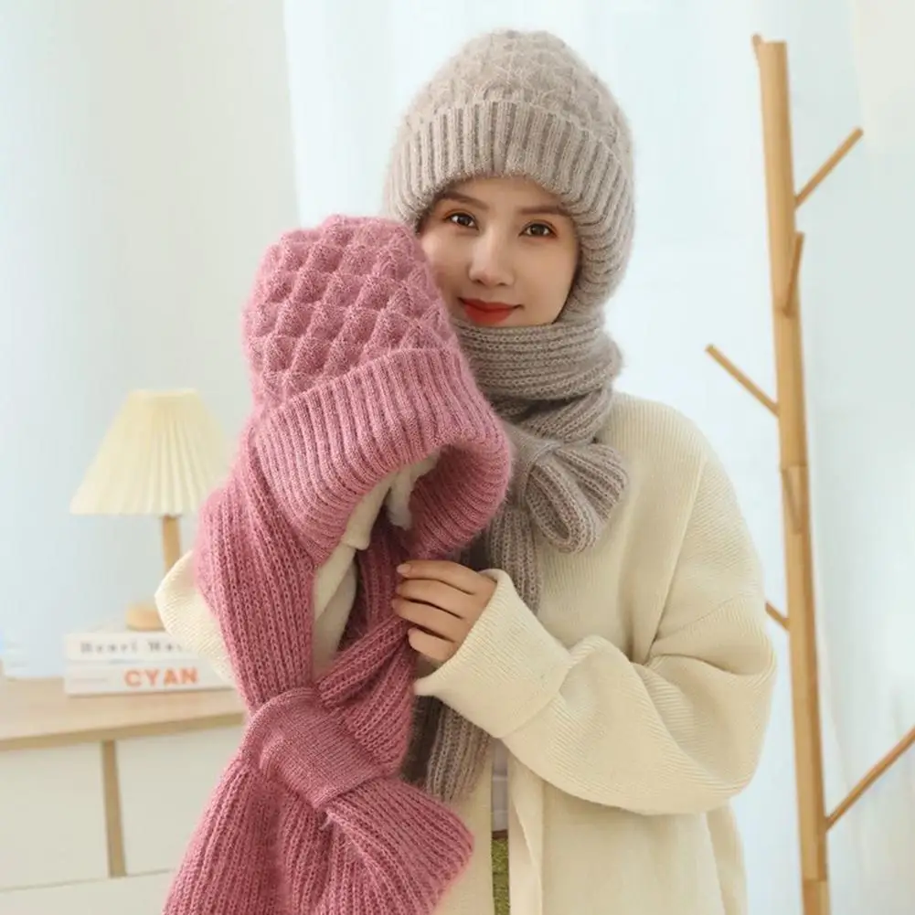 Winter Warm Hat With Scarf Friendly To Skin Windproof Thickened Ear Protection Beanie Hat Plush Knitted For Women Outdoor Ski