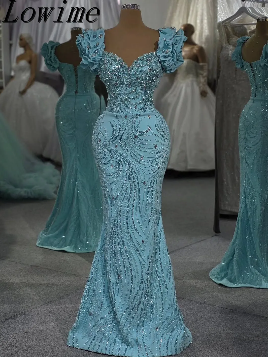 

Luxury Blue Evening Dress Ruffles Crystals Sweetheart Wedding Party Gowns Mermaid Formal Occasion Dress Customized