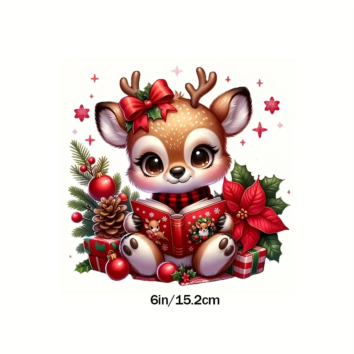 1Pc 2D Flat Christmas Reindeer Reading Book Vinyl Sticker, Reusable Decal for Car Laptop Metal Ceramic Decor, Holiday Gift
