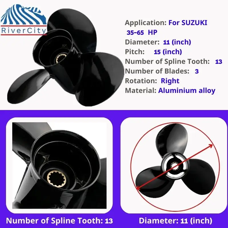 RiverCity Propeller Boat 11*15 For SUZUKI 35hp 40hp 55hp 50hp 60hp 65hp Aluminum 3 Blade 13 Tooth Outboard Engine Part 11x15