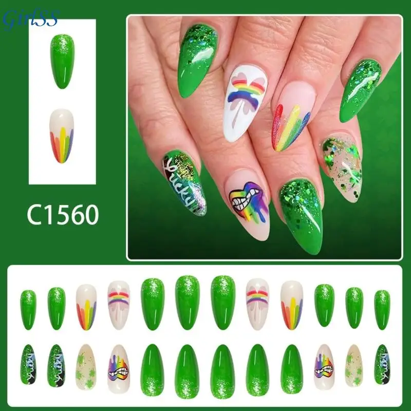24 ชิ้น Glitters กดบนเล็บสีเขียว Four Clovers ออกแบบสำหรับ StPatricks ฉลองวันเพิ่ม Sparkles และ Luck T4MB