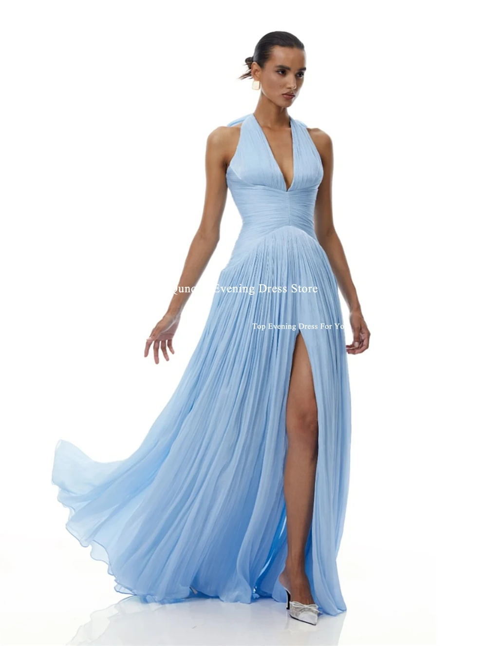 Qunque Elegant Chiffon Halter Prom Dresses Party Dresses Slit Pleated Vestidos De Fiesta Floor Length Evening Dresses Customized image 3