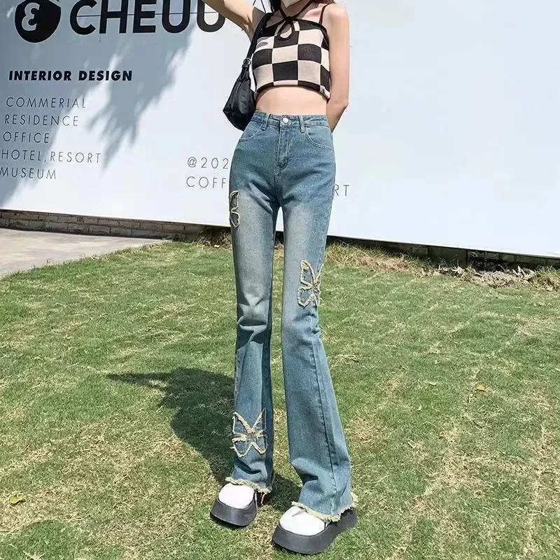 Vintage Y2K Butterfly Embroidery Bootcut Jeans Women's Clothing High Waist Slim Casual Denim Pants Chic Rough Selvage Trousers