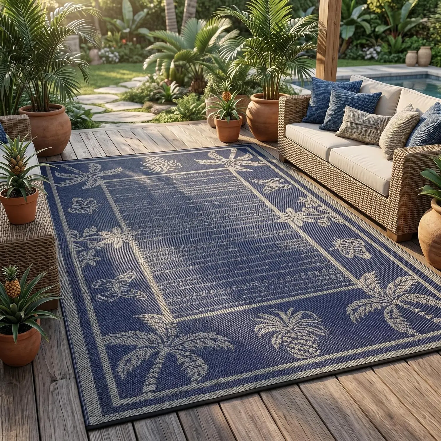 

Tropical Palm & Pineapple Print Outdoor Area Rug, Non Slip Weather Resistant Mat for Patio Balcony Backyard Home Decoration