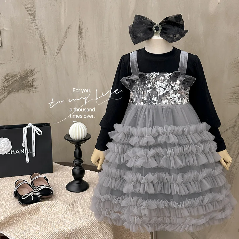 Girls Skirt 2025 Autumn New Temperament Little Girl Sequined Birthday Dress Super Fairy Children's Princess Dress