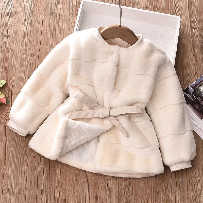 Autumn and Winter Girls\' New Solid Color Waist Cinching Fashion Party Runway Windproof Warm Long Sleeved Fuzzy Cotton Jacket