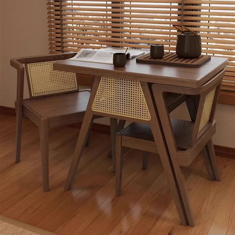 Nordic Solid Wood Balcony Tea Table Set with 2 Rattan Chairs Small Leisure Coffee Table Designer Home Furniture One Table Two