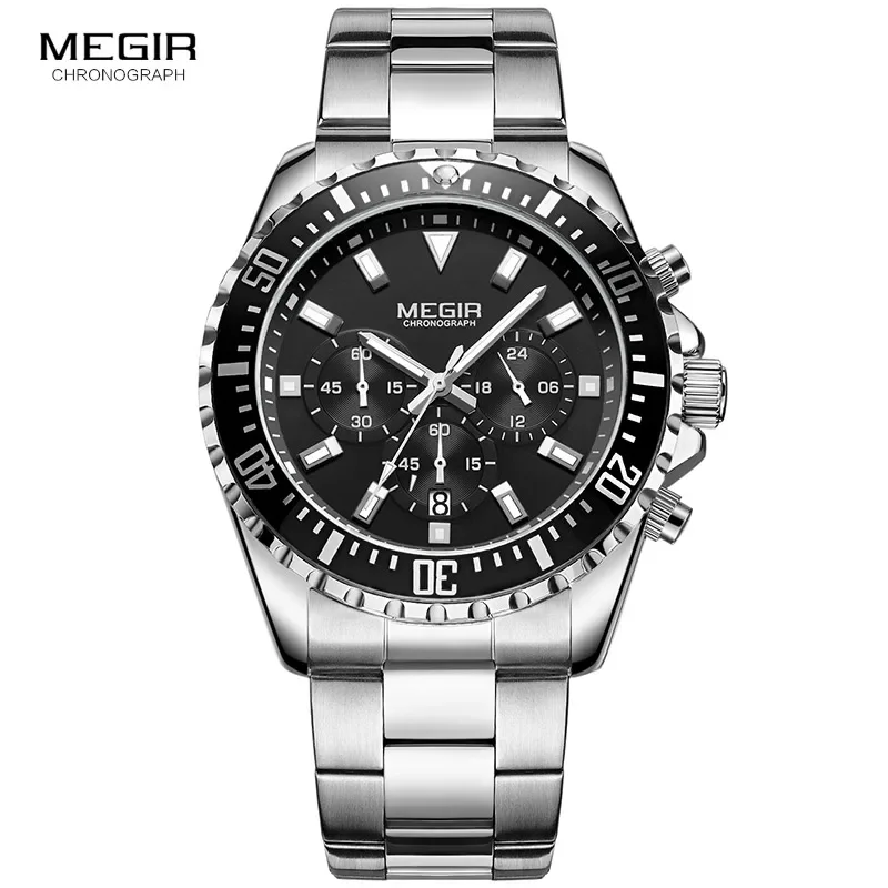 Megir Man's Analogue Chronograph Quartz Watch with Stainless Steel Bracelete Luminous Wristwatch for Boys Calendar 24-Hour 2064G