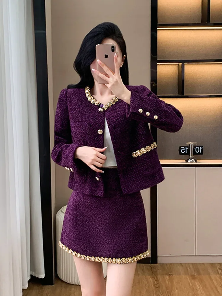 High Quality French Vintage Small Fragrance Two Piece Set Women Outfit Tweed Jacket Coat + Skirt 2 Piece Suits Conjuntos Cortos