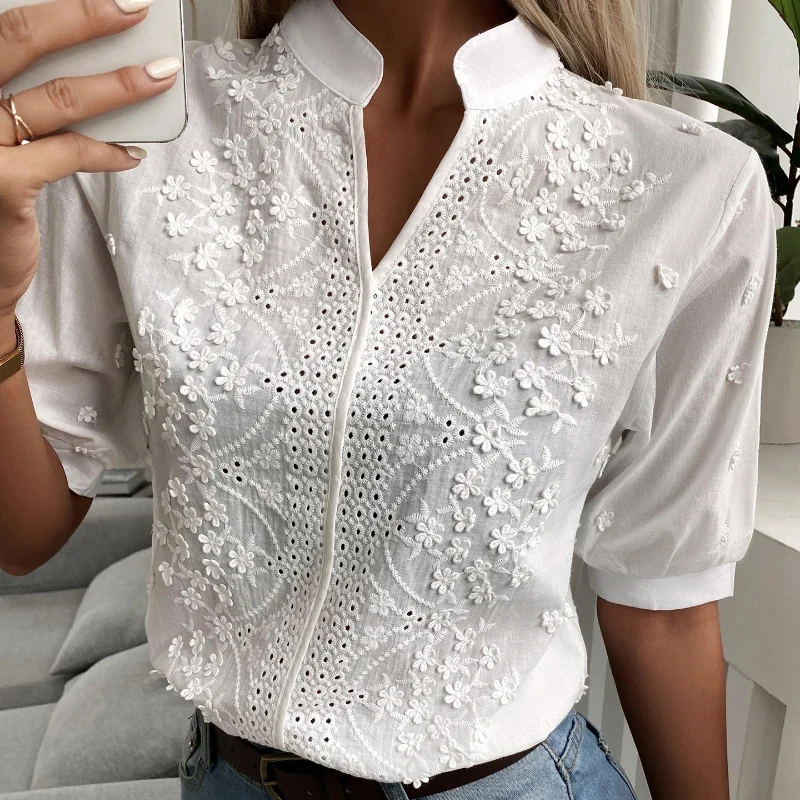 Summer Crochet Hollow Blouse Elegant V-neck Lantern Short Sleeve White Shirt Vintage Tops Fashion Cotton Female Clothes 24350