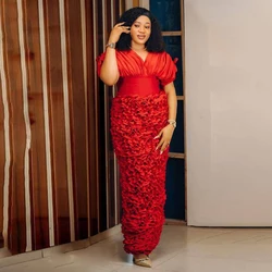 Red Ruffles Sheath Prom Dresses V Neck Plus Size Ruched Satin Evening Gowns Aso Ebi Floor Length Women Formal  Party Dress