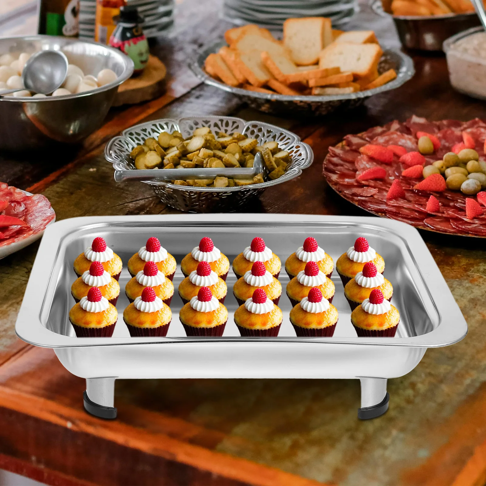

Stainless Steel Rectangular Buffet Tray Glass Cover 4 Legged Stable Base for Party Food Display Chafing Dish Set