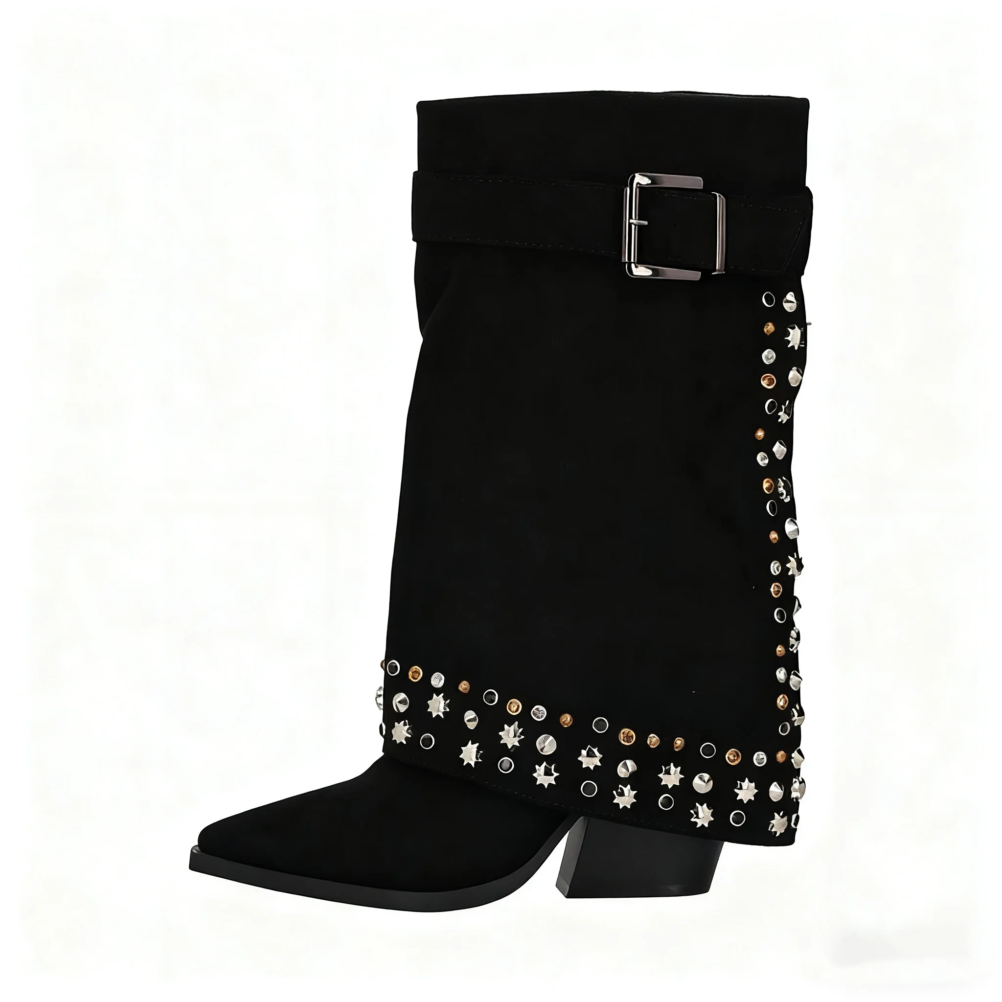 

Brown Crystal Star Boots Square Button Pointed Toe Botas Rivets Black Chunky Heel Mid-calf Booties 2025 Dress Pointed Toe Shoes