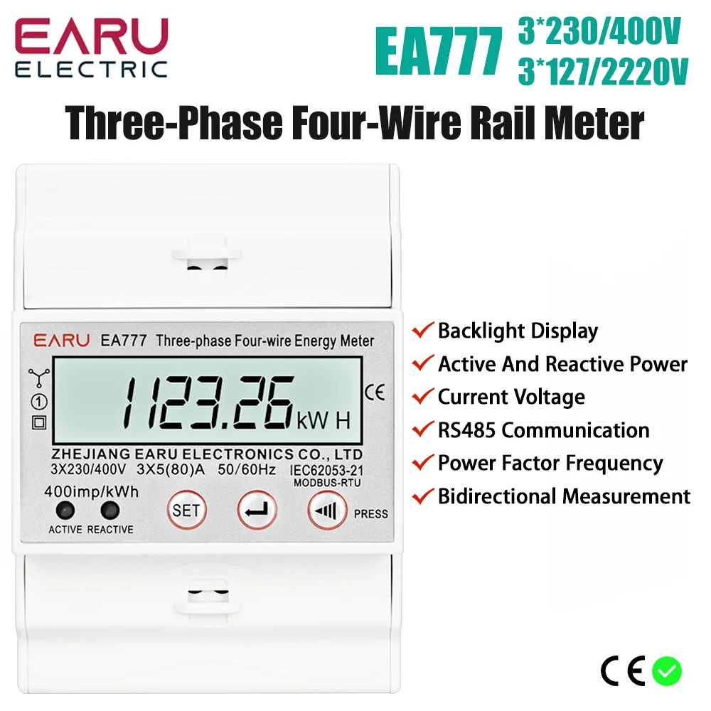 4P 3 Phase 4 Wires Two-way Bilateral Energy Meter  Electricity Usage Meter Din Rail AC 3*230/400V LCD Multifunction Display