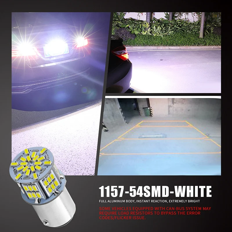 1157 LED Bulb White 54SMD 1080 Lumens, 7528 2357 2057 LED Light Bulbs For Brake Tail Running Parking Backup Light