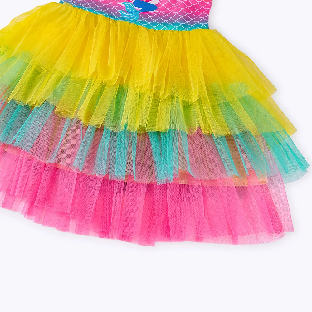 VIKITA Girls Mermaid Print Dress Kids Sling Suspenders Summer Vestidos Kids Mesh Tulle Layered Colorful Princess Party Dresses