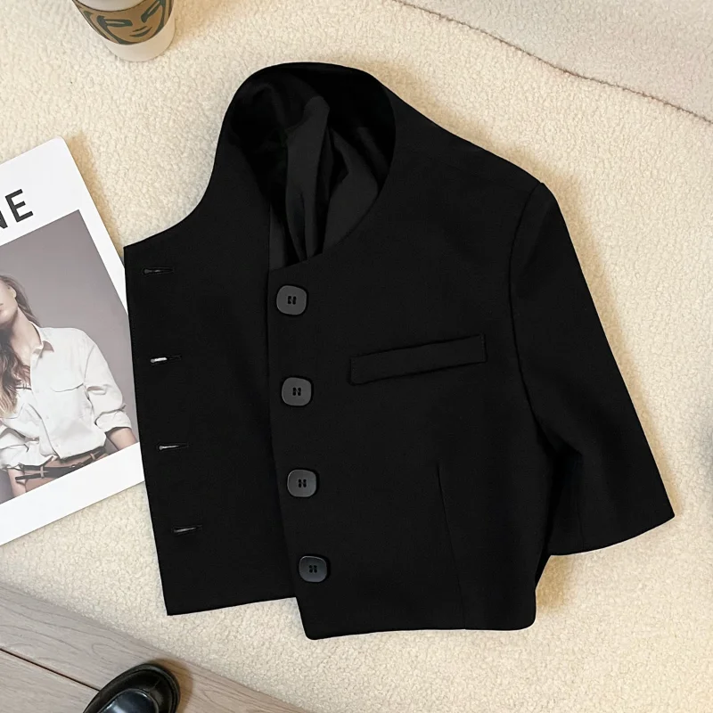 

Black Short Suit Jacket Women's Summer New Short-sleeved Fashion Vintage Basic Chic French Spring Summer Lady Top