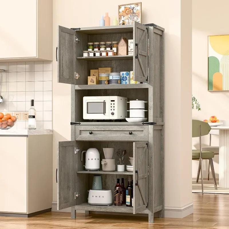 Armadietto portaoggetti da fattoria alto 72" di altezza con cassetto, dispensa da cucina a 6 livelli, organizzare con 4 ante della stalla e ripiano regolabile, microonde