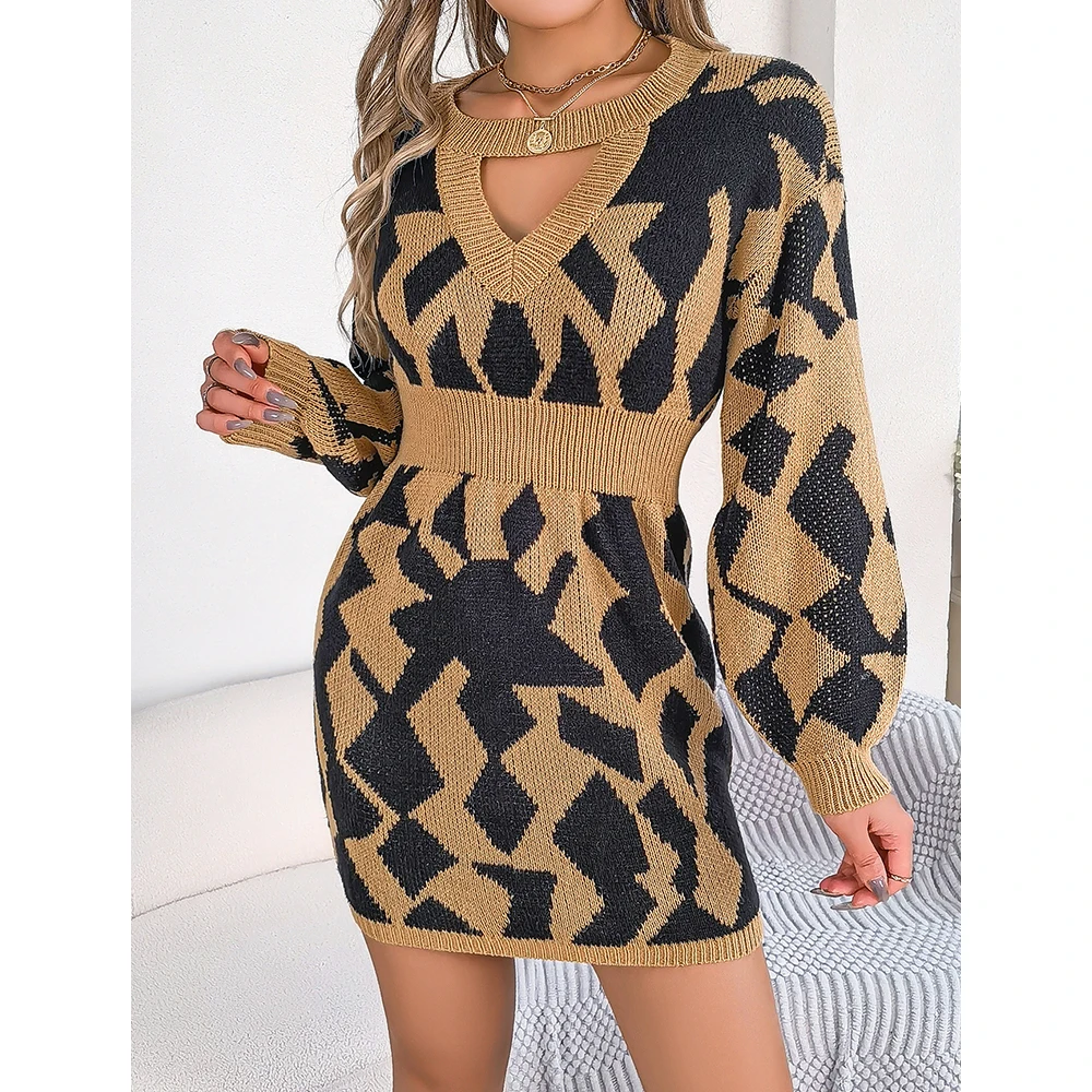 

AzaleeKa Autumn Winter Women's Dresses V Neck Long Sleeve Irregular Printing Mini Fashion Fitting Slim Knit Dresses
