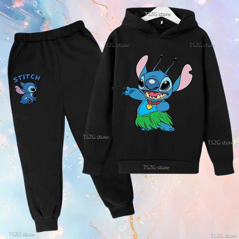 

Autumn Cartoon Disney Stitch Children Hoodies Sets Sport Fleece Warm Sweatshirt +pants Suit Kid Boy Girl Funny Hooded Tracksuits