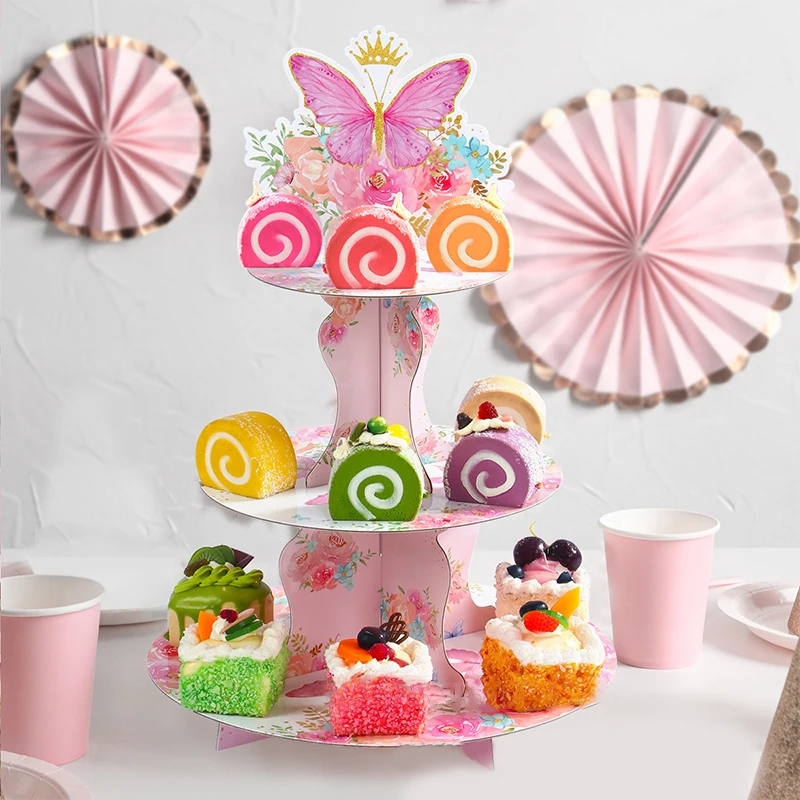 3 Tier Cartoon Spring Butterfly Flower Party Cake Display Stand Birthday Cupcake Decoration Baby Shower Party Dessert Cake Rack