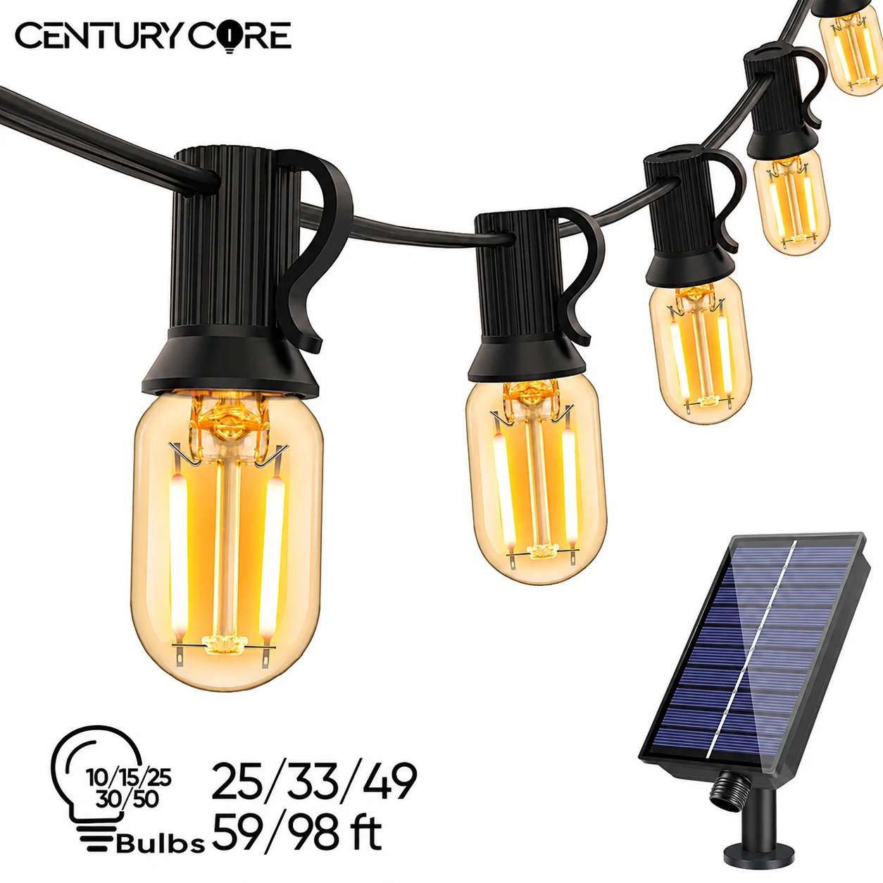 Amber T22 Solar String Lights 24V Glass Remote Control Solar USB Dual Charging IP44 Waterproof Outdoor Patio Garden Party Decor