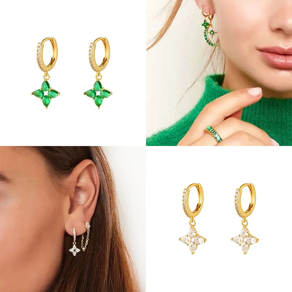 Exquisite Waterdrop Pendant Hoop Earrings 925 Sterling Silver Green/White Zircon Huggie Earring For Female Jewelry