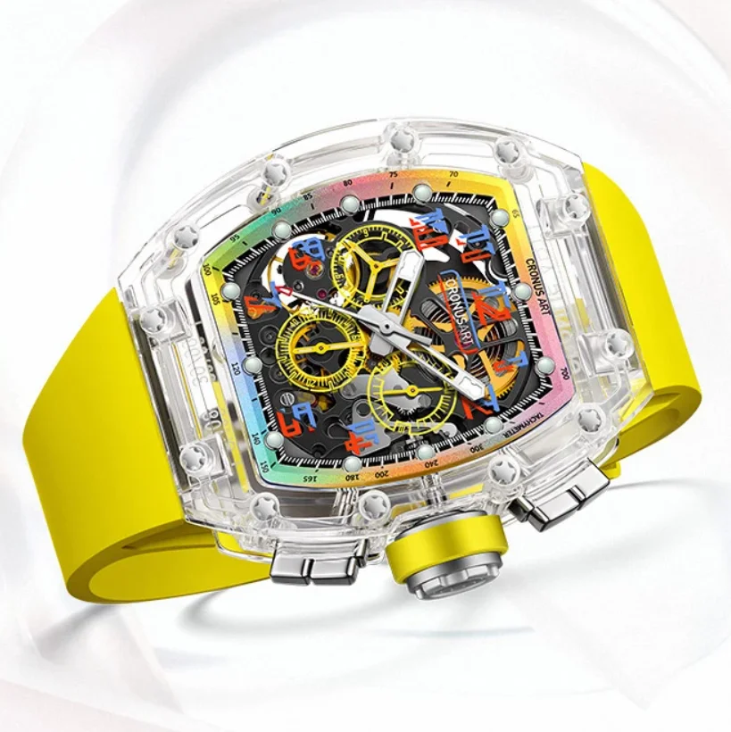 

CRONUSART Men Chronograph Watch Tonneau 50mm Mechanical Wristwatch Sapphire Case & Mirror Luminous FKM Strap Skeleton Dial