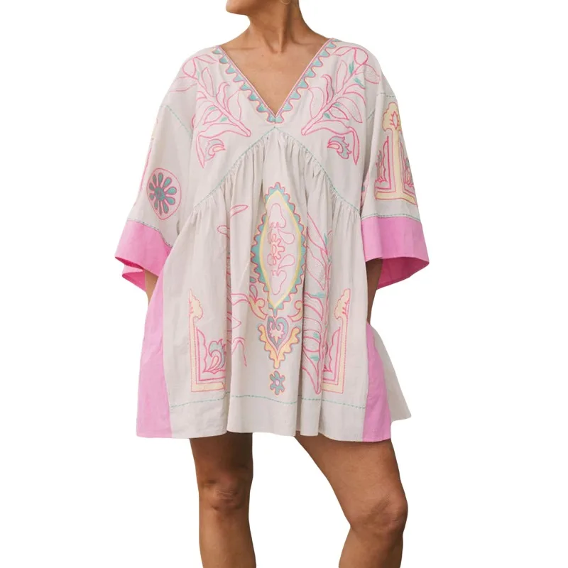 Women's Summer Floral Print Dress V-Neck Loose Fit Short Dress For Beach Print With A V-neck and Three-quarter Sleeves