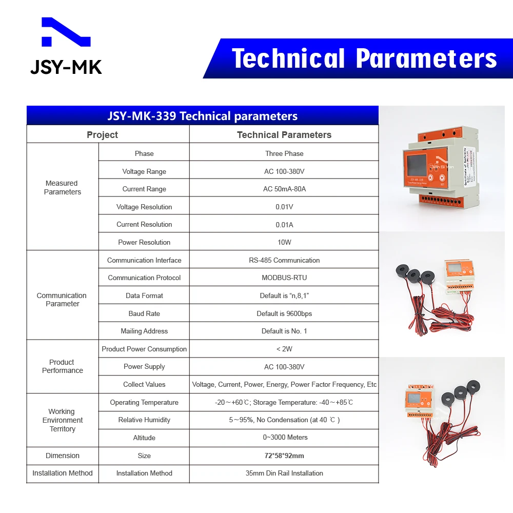 JSY-MK-339 kWh 3 Phase 3 Wire 80A AC Smart Power Meter Energy Monitor Analyzer RS485 Modbus-RTU for Solar System Management