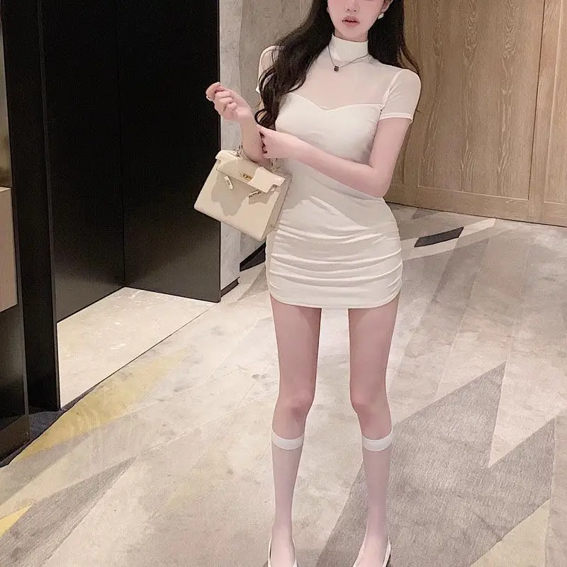 Elegant Short Sleeve Mesh Splice Slim Fit Waist Cinched Mini Dress Street Style Pure Color Polka Dot Print Casual Wear