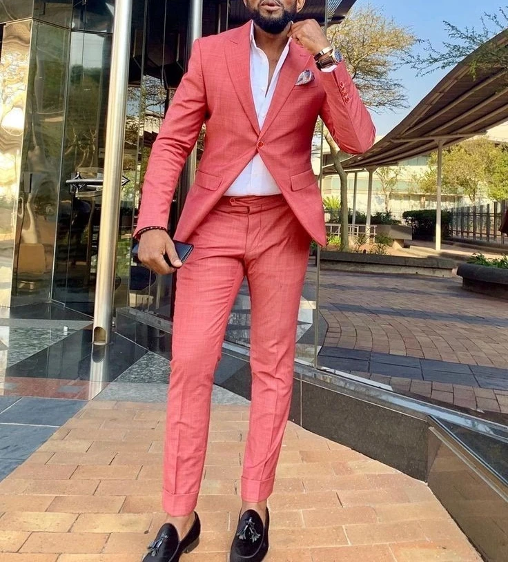 

Peach Linen Men Suits One Button Slim Fit Peak Lapel Tuxedo Summer Wedding Groom