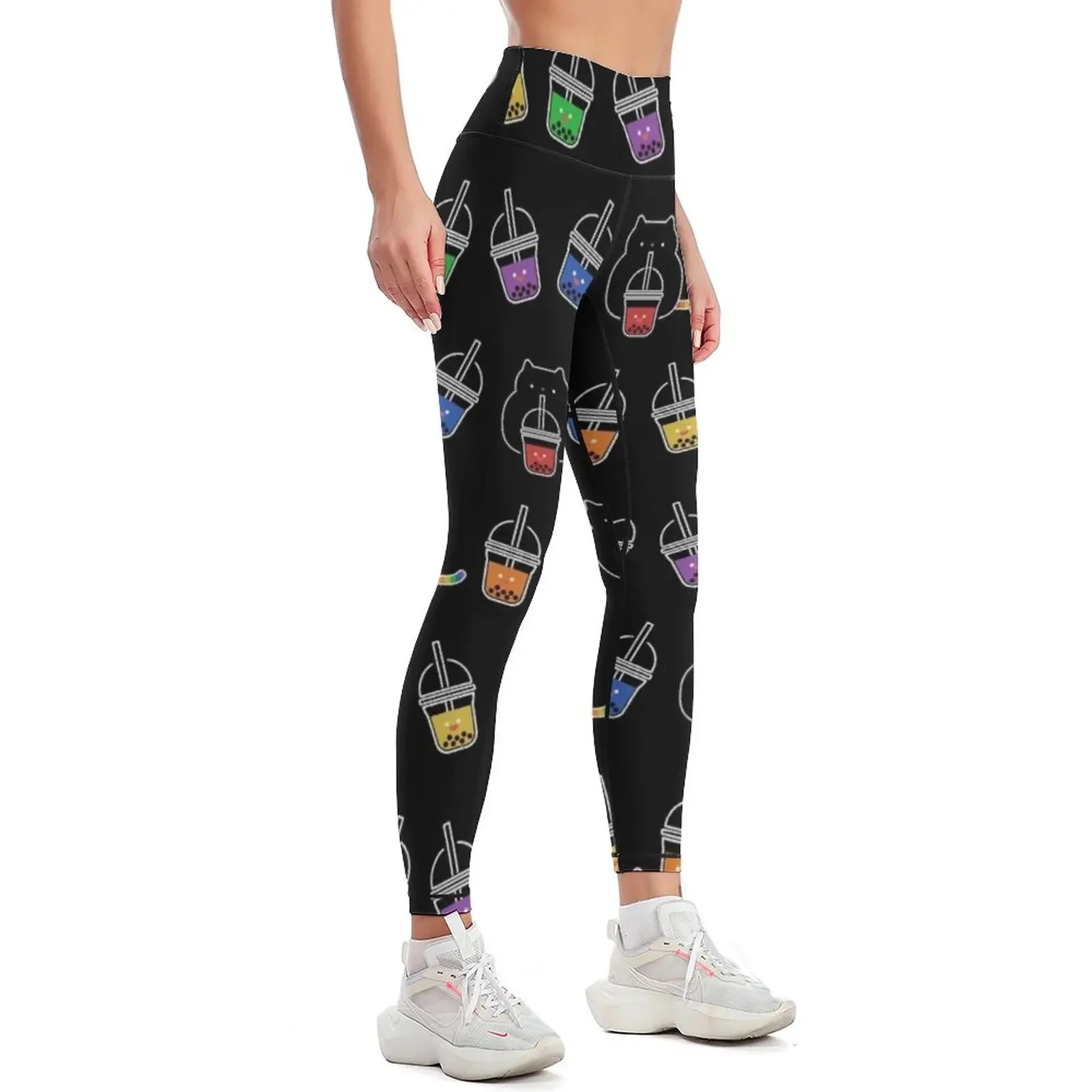 Kawaii Black Cat with Rainbow Bubble Boba Milk Tea Drink Leggings Leginsy push up Fitness's gym clothes Womens Leggings