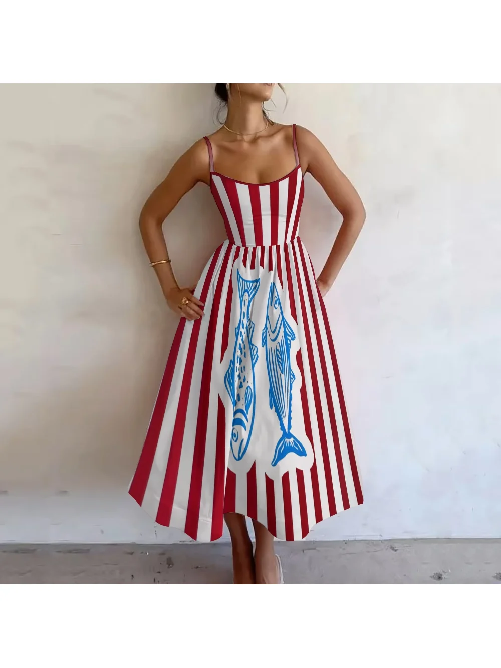 Retro Pink Striped Dress Women Slim Sleeveless Suspenders Outfits Sexy A-Shaped Long Dress Sardines Graphic Print Beach Wear New