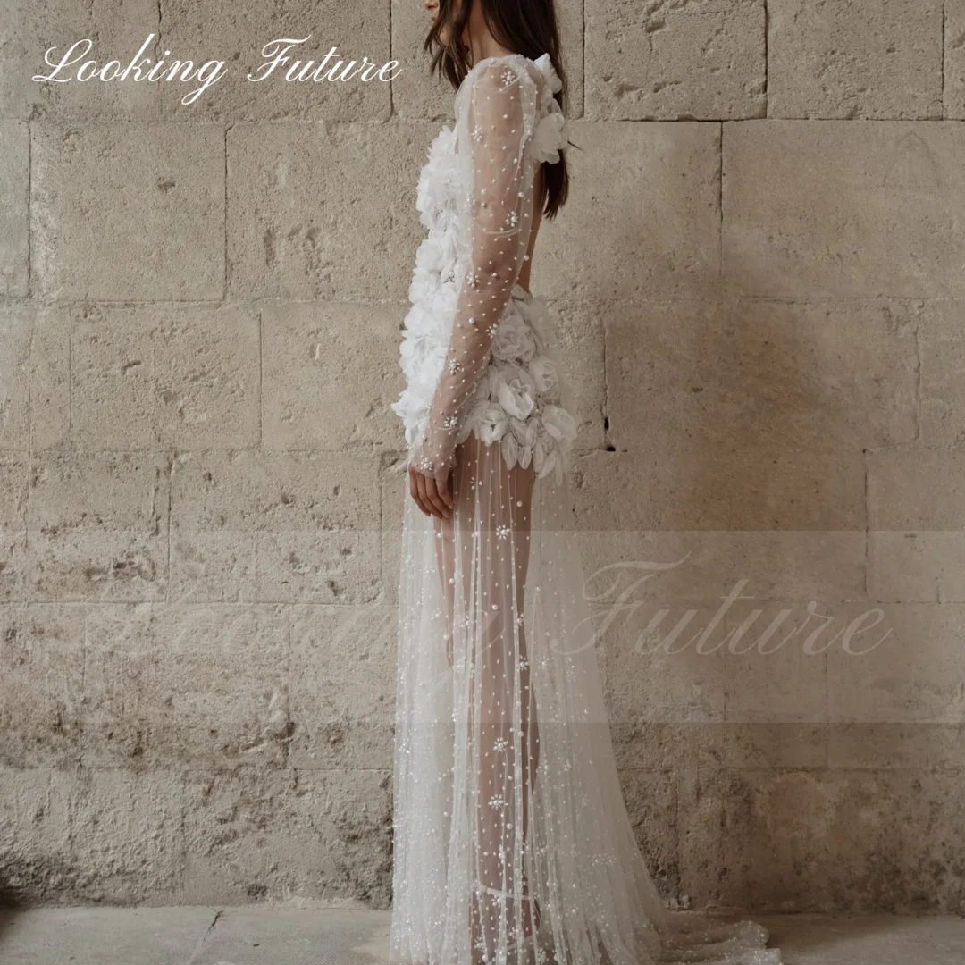 Long Wedding Dresses Syrapless Full Sleeves Pearls Flowers White Bride Dresses Sexy Backless Illusion Formal Wedding Gowns 2024