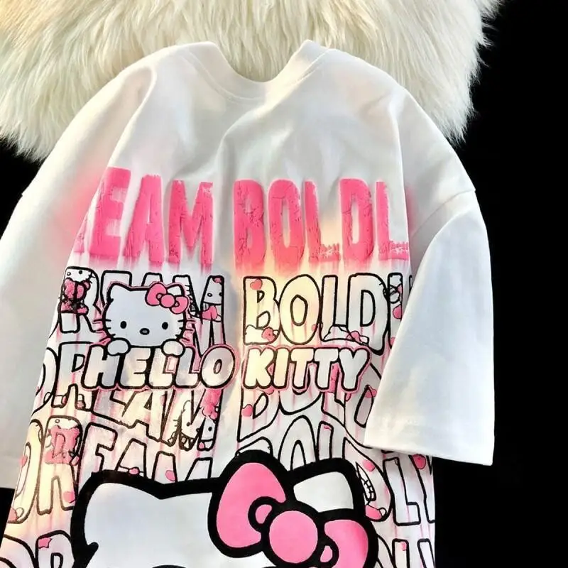 

Женская футболка Sanrio Hello Kitty, хлопковая, с коротким рукавом, унисекс, для пар, в уличном стиле, милый, стильный, модный, новый, хит продаж, американский свободный крой